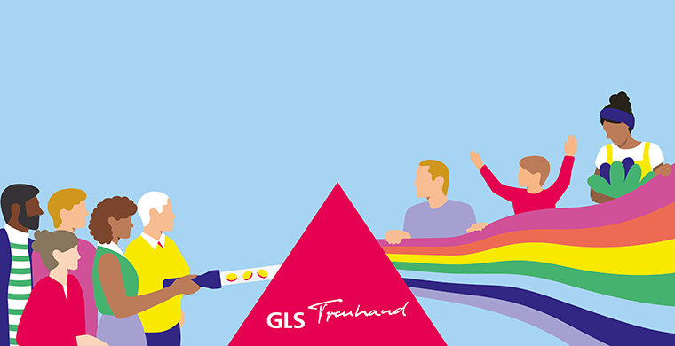 Bunte Grafik: Links stehen Menschen, die mit einer Taschenlampe auf ein rotes Prima, auf dem GLS Treuhand steht, leuchten. Rechts leuchtet aus dem Prisma heraus ein Regenbogen, aus dem oben Menschen herausschauen. Die Menschen links symbolisieren Stifter*innen, die Menschen rechts stehen für Engagierte und Förderprojekte.