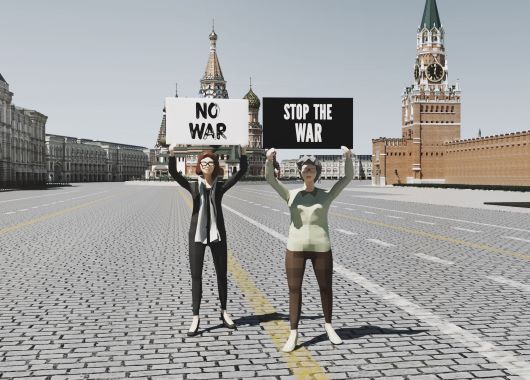 Grafik: Zwei animierte Figuren, die Protestschilder hochhalten: NO WAR, STOP THE WAR