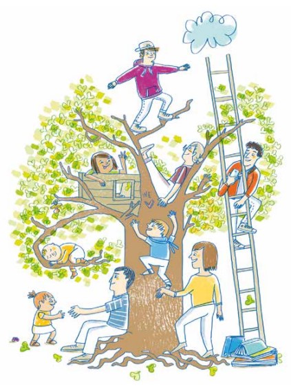 Illustration von Rosa Linke für die Stadt Weimar, Baum mit spielenden Kindern drumherum