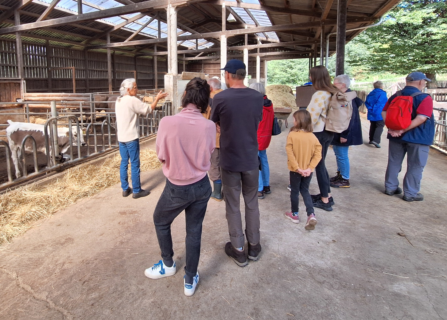Eine Gruppe steht in einem Kuhstall.